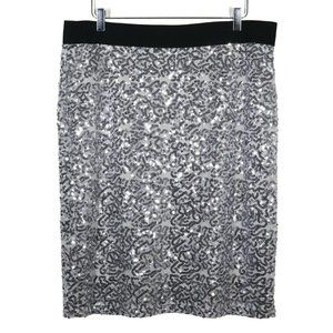 NWT Iman Sequins Pencil Skirt Size XL Silver Knee Length Elastic Waist Lined